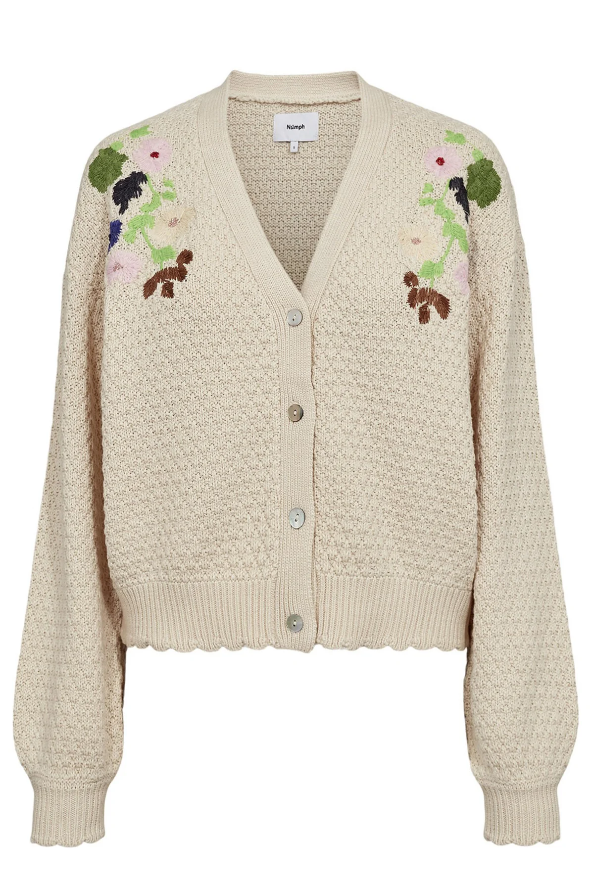 NUMAGGIE - Strikcardigan med V-hals og Blomsterbroderi